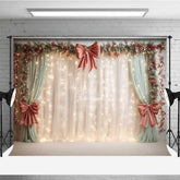 Aperturee - Aperturee Elegant Christmas Wedding Photography Backdrop Cream Curtains with Red Bows Holiday Stage with Fairy Lights